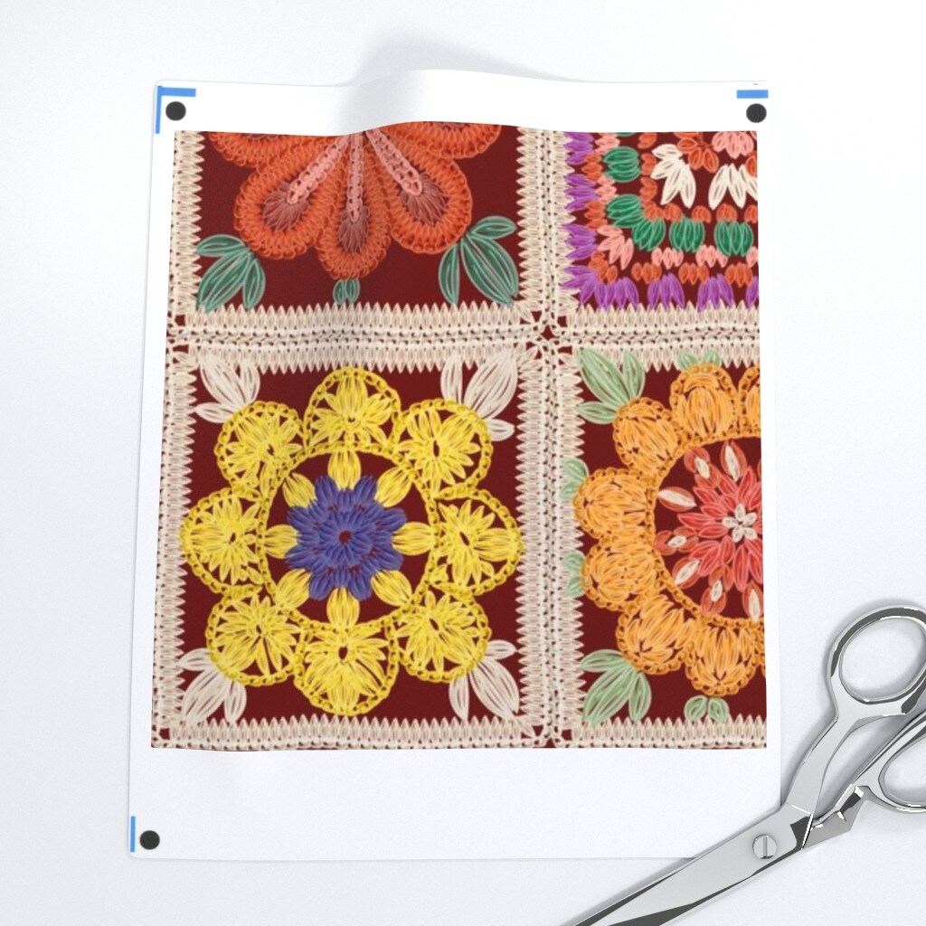 Granny Square Garden Flowers Crochet Nostalgic Vintage Custom Printed Fabric by Spoonflower Various Fabrics by the Yard or Fat Quarter