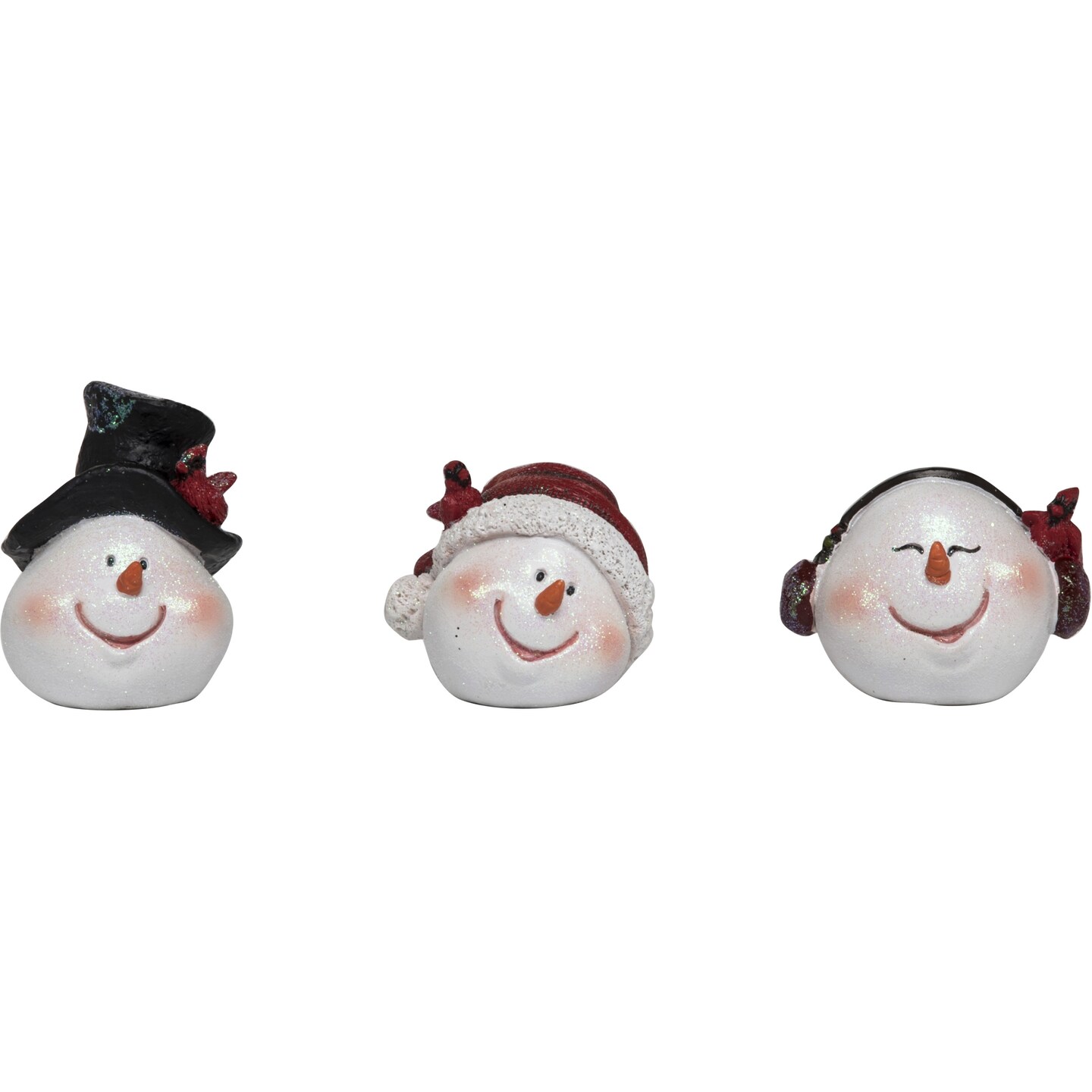 Transpac Small Resin Merry Snowman Head Figurine Set of 3, Christmas Decor, White, 2.5in, Indoor Tabletop, Spot Clean