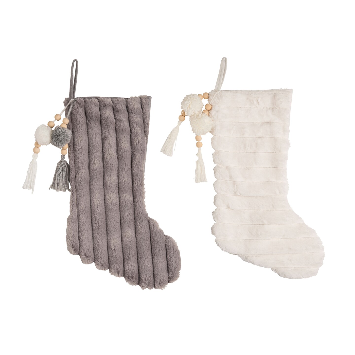 Transpac Cozy Christmas Stocking Set of 2, Fabric Textured with Pom Poms, Multicolor, 19in, Holiday Home Decor