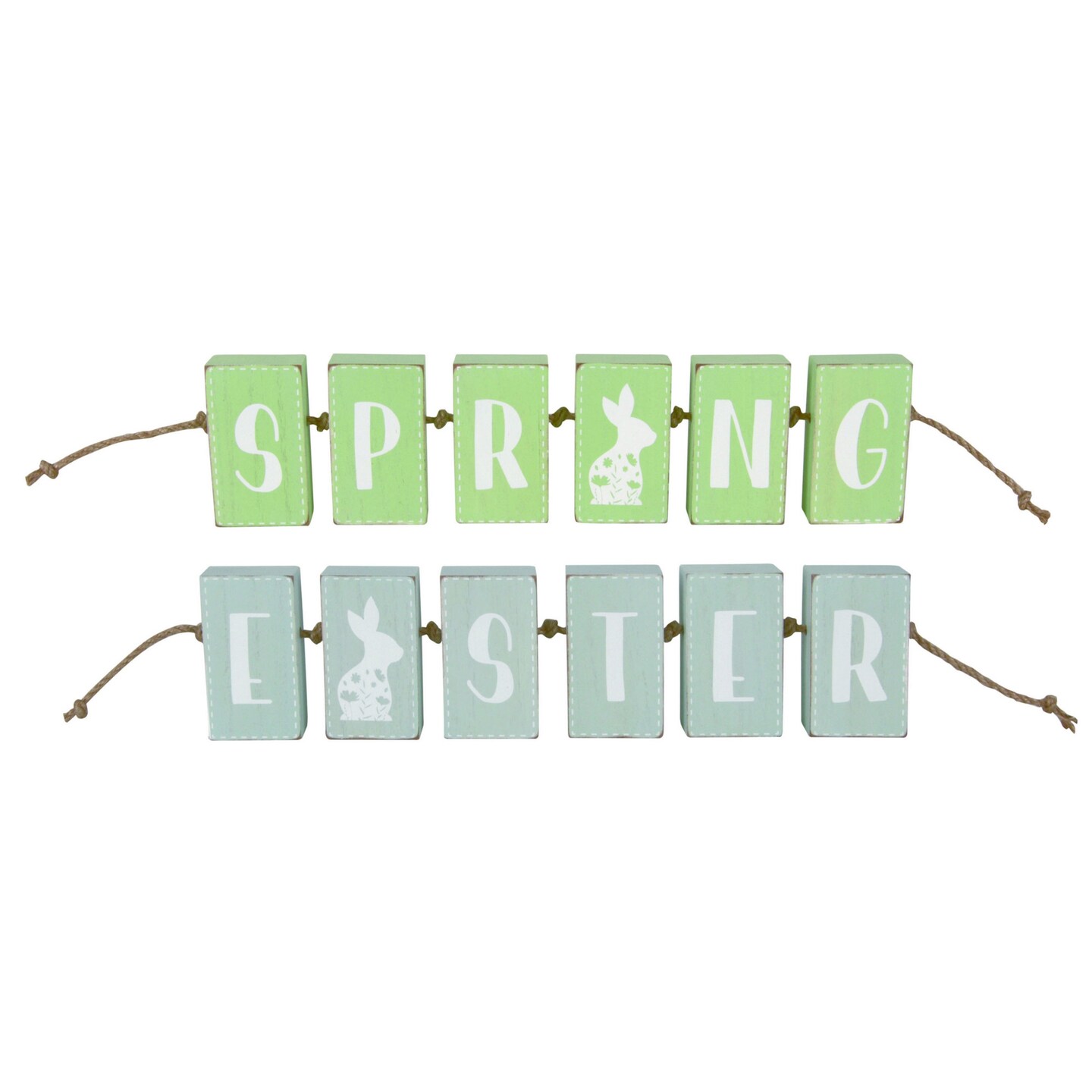 Transpac Easter MDF Block & Rope Decor Set of 2, Multicolor Freestanding Tabletop Signs, 3.15in Height, 14.96in Length, Wood
