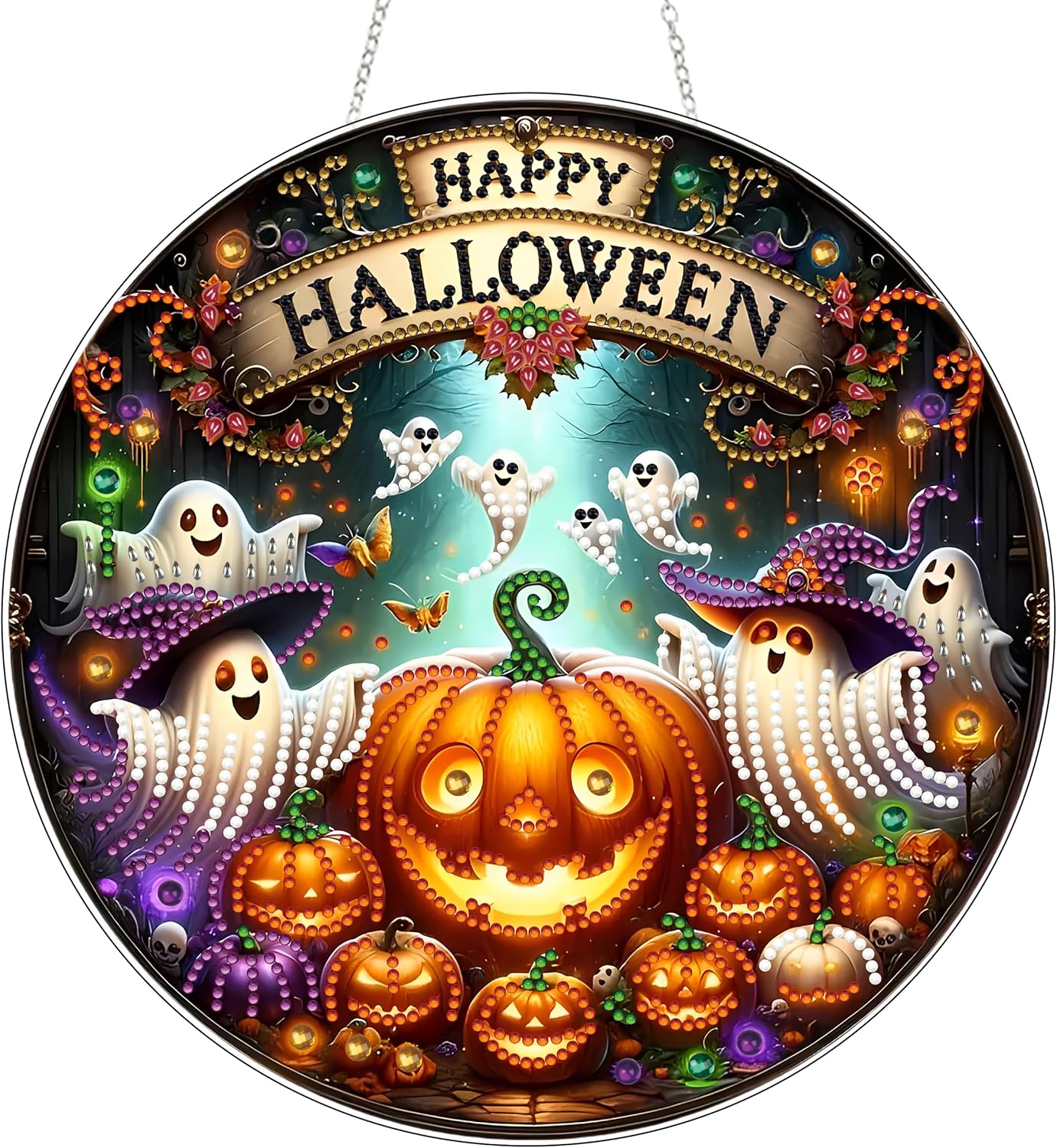 DIY Halloween Acrylic Diamond Art Painting Wreath Kits- (Ghosts and Pumpkins)
