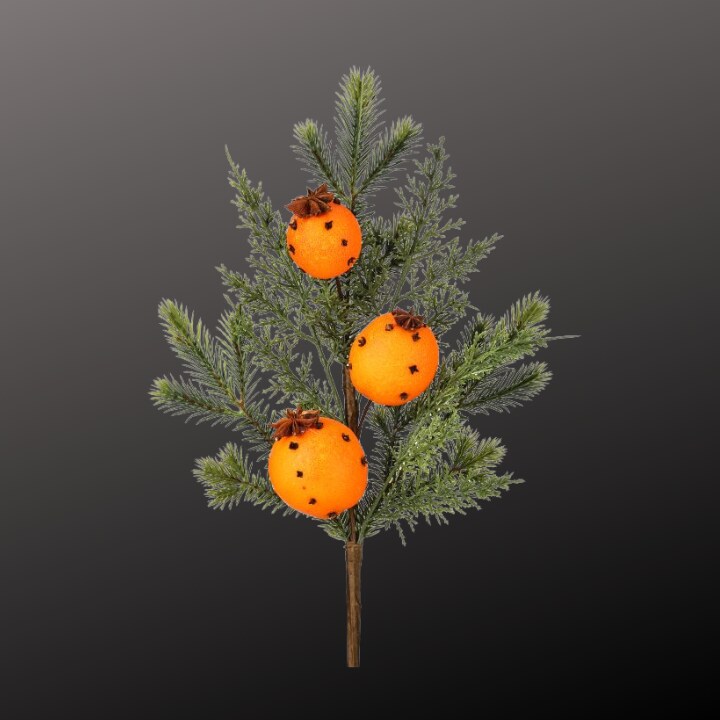 18&#x22; Evergreen Pick with Real Orange &#x26; Clove Scent &#x2013; Holiday Faux Orange Pomander Pick, Christmas Floral Stem-MTX76741