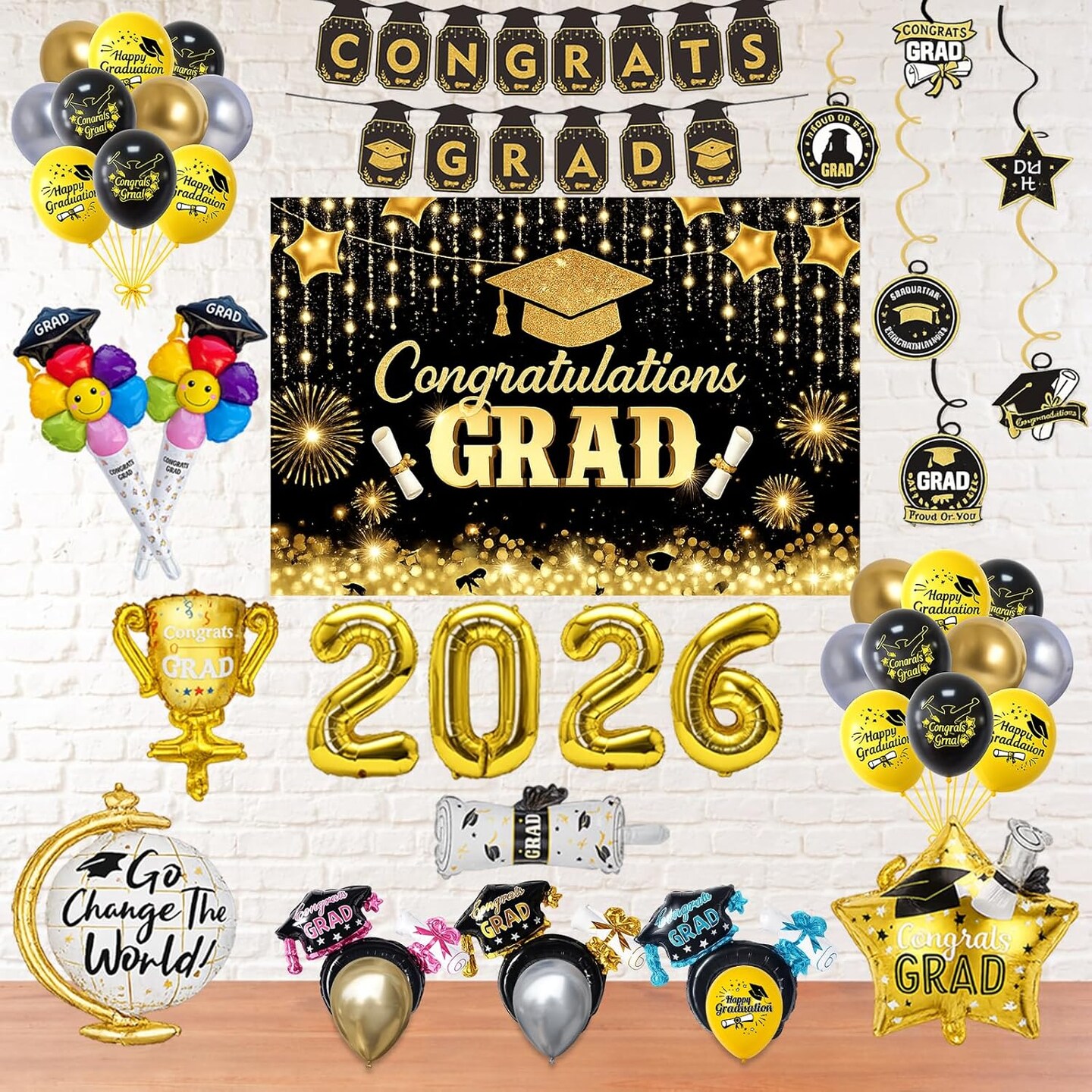 Graduation Decorations 2026, Black Gold Graduation Party Decorations with Congrats Grad Banner, Backdrop, Hanging Swirls, Graduation Balloons, Class of 2026 Foil Balloon for Grad Party Decor