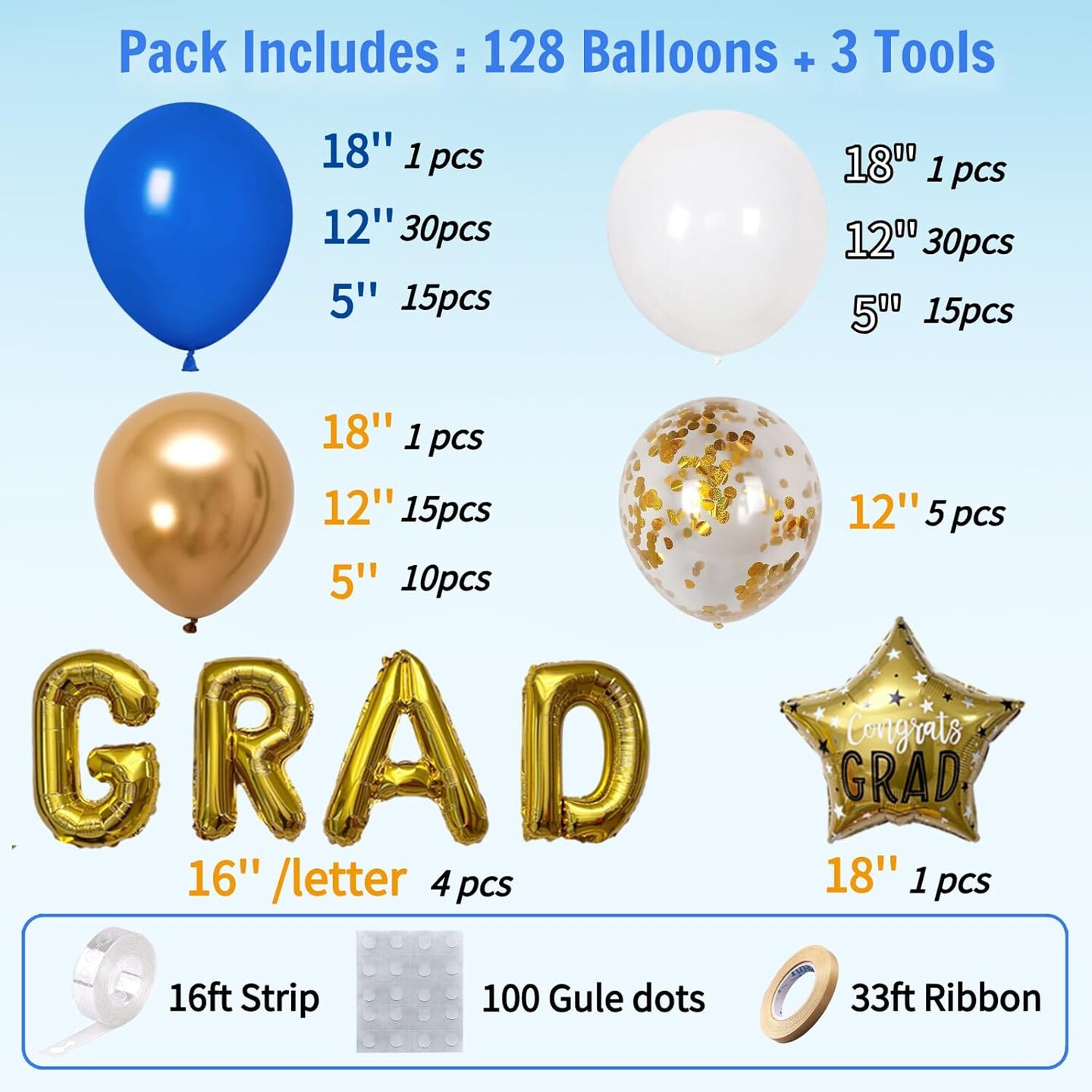 Graduation Balloon Arch Kit - 128Pcs Blue White and Gold Balloon Garland with 16" GRAD Letters, Star Foil and Confetti Balloons for Class of 2026 Grad Prom College Party Decorations