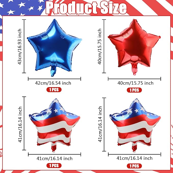 4th of July Foil Balloons Banner Set, Red White Blue Star American Flag Decorations, 14-Pack Independence Day Supplies for Backyard BBQ & Community Celebration
