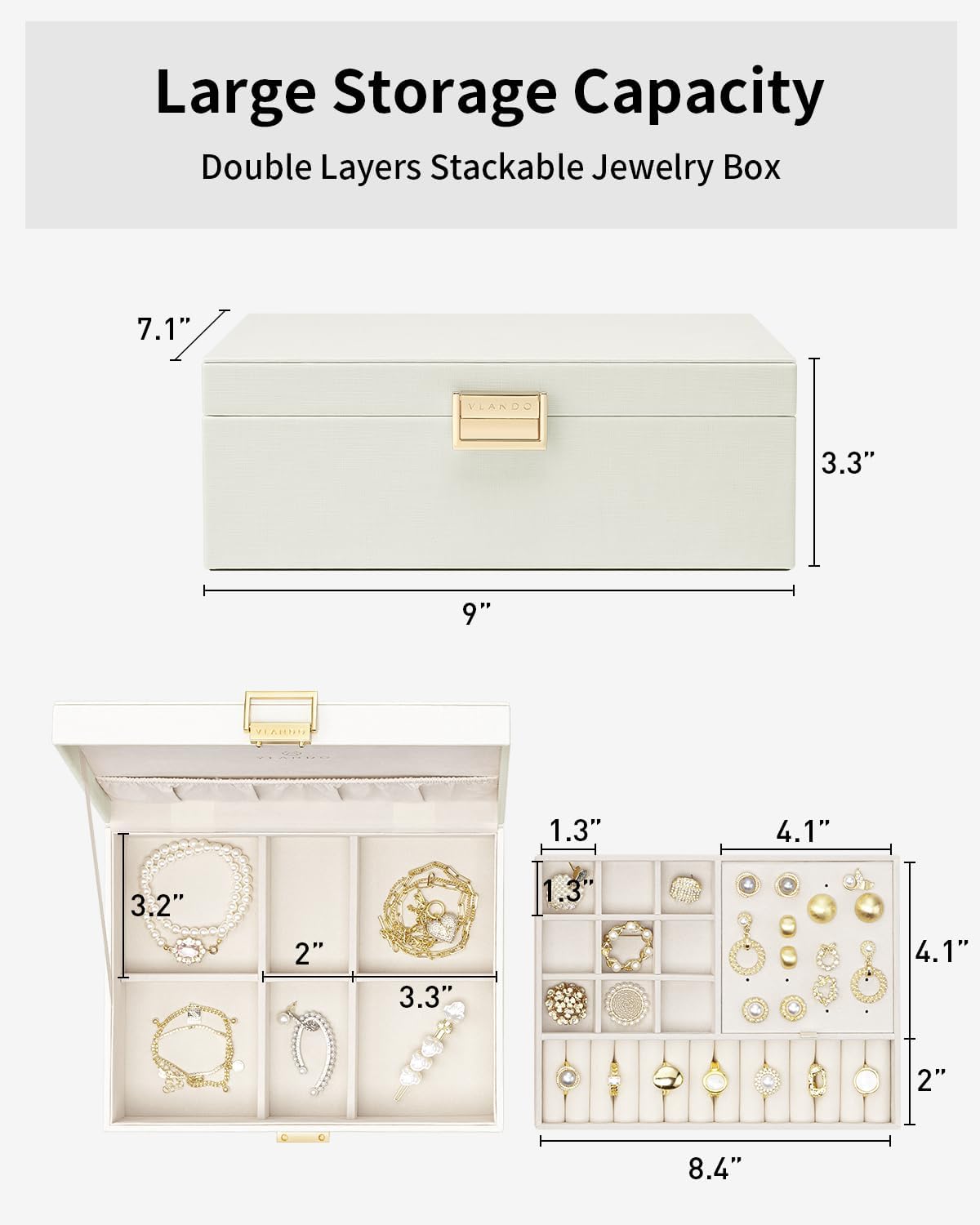 2-Layer Jewelry Box for Women – Large Jewelry Organizer with Removable Tray, PU Leather & Velvet Lining, Necklace Hooks, Earrings, Rings & Watch Storage – Elegant Cream White Gift for Women & Girls