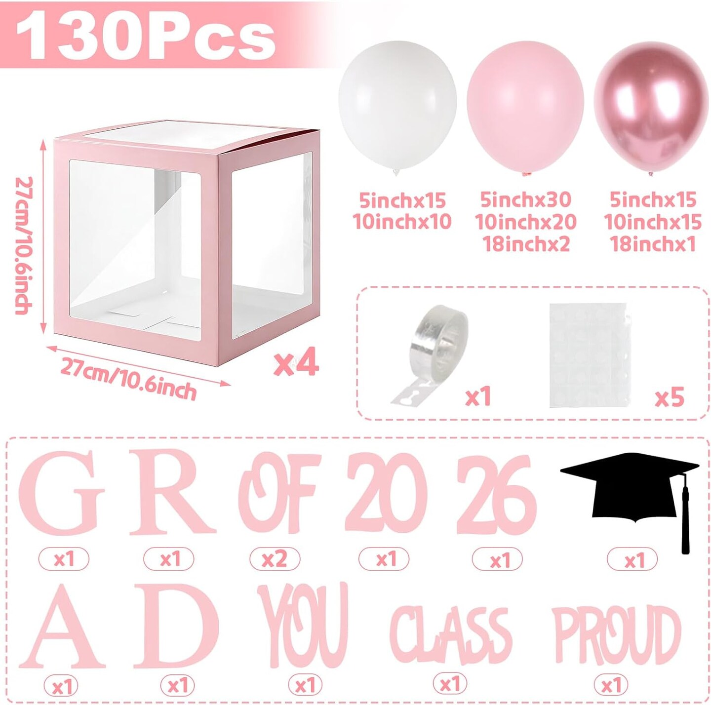 Graduation Decorations 2026,4 Pcs Transparent Balloon Boxes with Letters of GRAD,PROUD OF YOU,Class of 2026 and 130pcs Light Pink Balloons Arch for High School College 2026 Grad Party Supplies