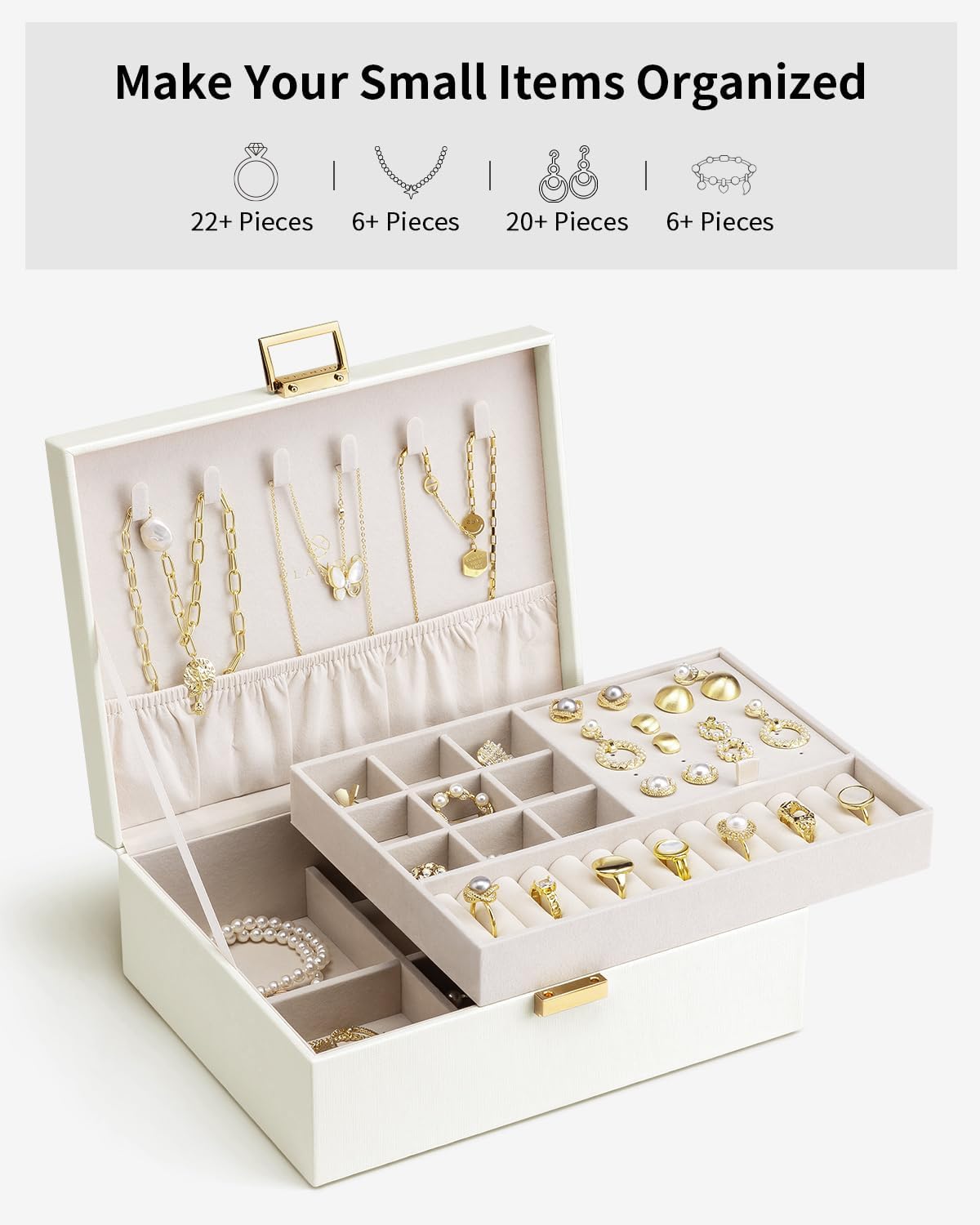 2-Layer Jewelry Box for Women – Large Jewelry Organizer with Removable Tray, PU Leather & Velvet Lining, Necklace Hooks, Earrings, Rings & Watch Storage – Elegant Cream White Gift for Women & Girls