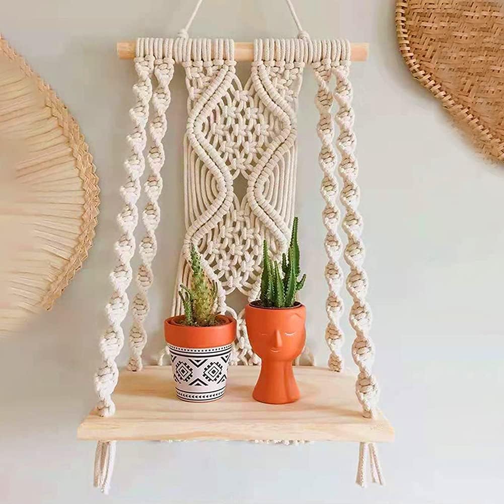 Handmade Macramé Wall Hanging Shelf – Boho Indoor Rope Plant Pot Hanger, Decorative Wall Holder for Indoor or Outdoor Use