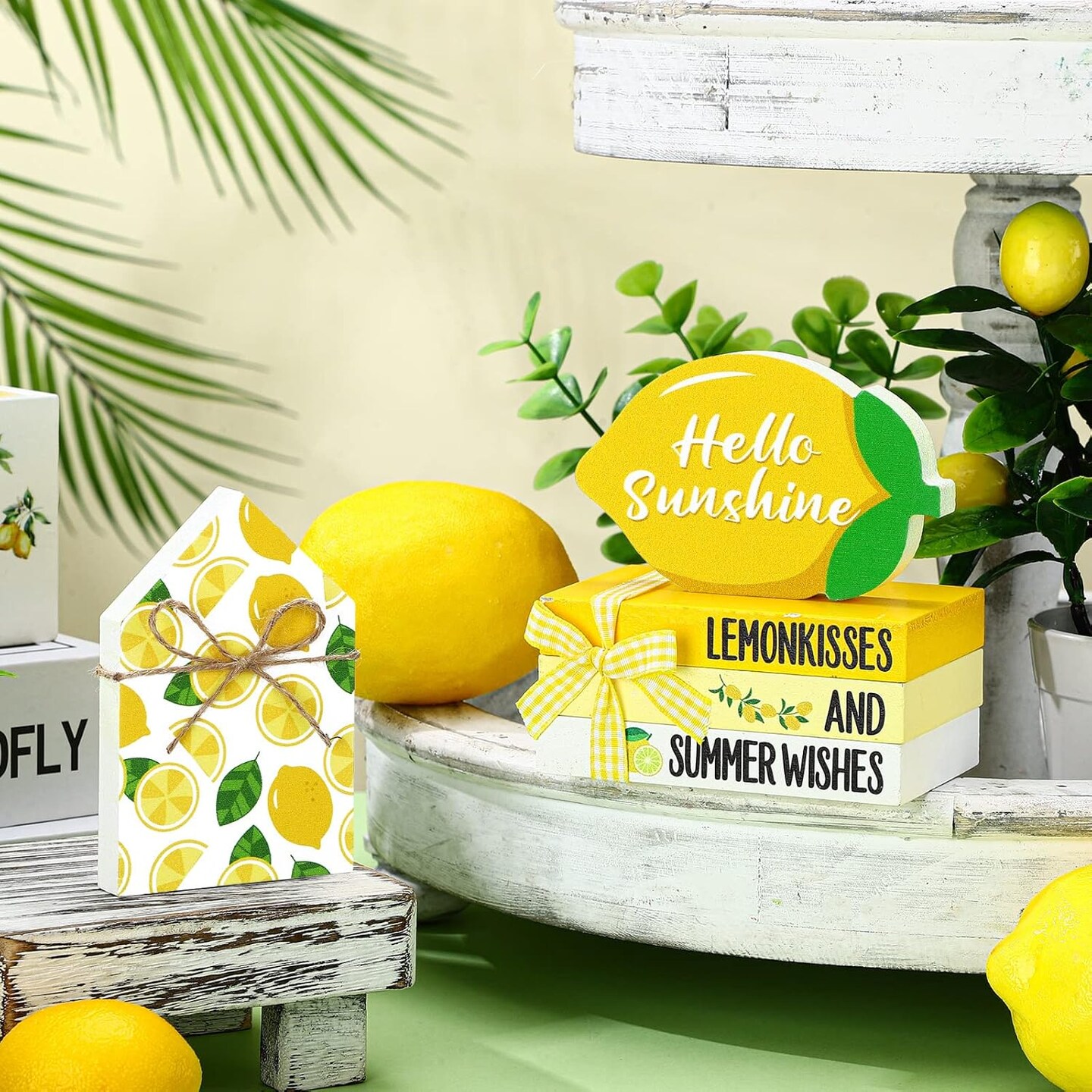 5 Pcs Summer Tiered Tray Set - Lemon Sunflower Beach Watermelon Mini Faux Books Stack with Twine Summer Wood Table Decor Starfish Truck Gnome Sign