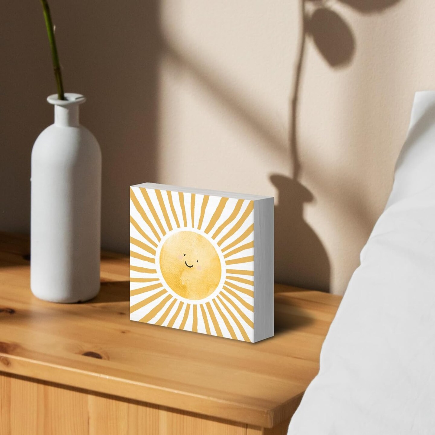Inspirational Sun Sunshine Wood Box Sign Desk Decor, Pop Smiles Rustic Farmhouse Wooden Block Sign Decorations for Home Office Girls Dorm Room Nursery Playroom Wall Tabletop Shelf Decor