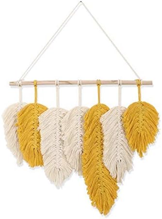 Handmade Macrame Wall Hanging Feather Boho Wall Decor Yellow Chic Woven Leaf Tassels Decoration Cotton Ornaments Tapestry Room Decor For Bedroom Living Room Apartment Porch Gifts for Teen Girl Women