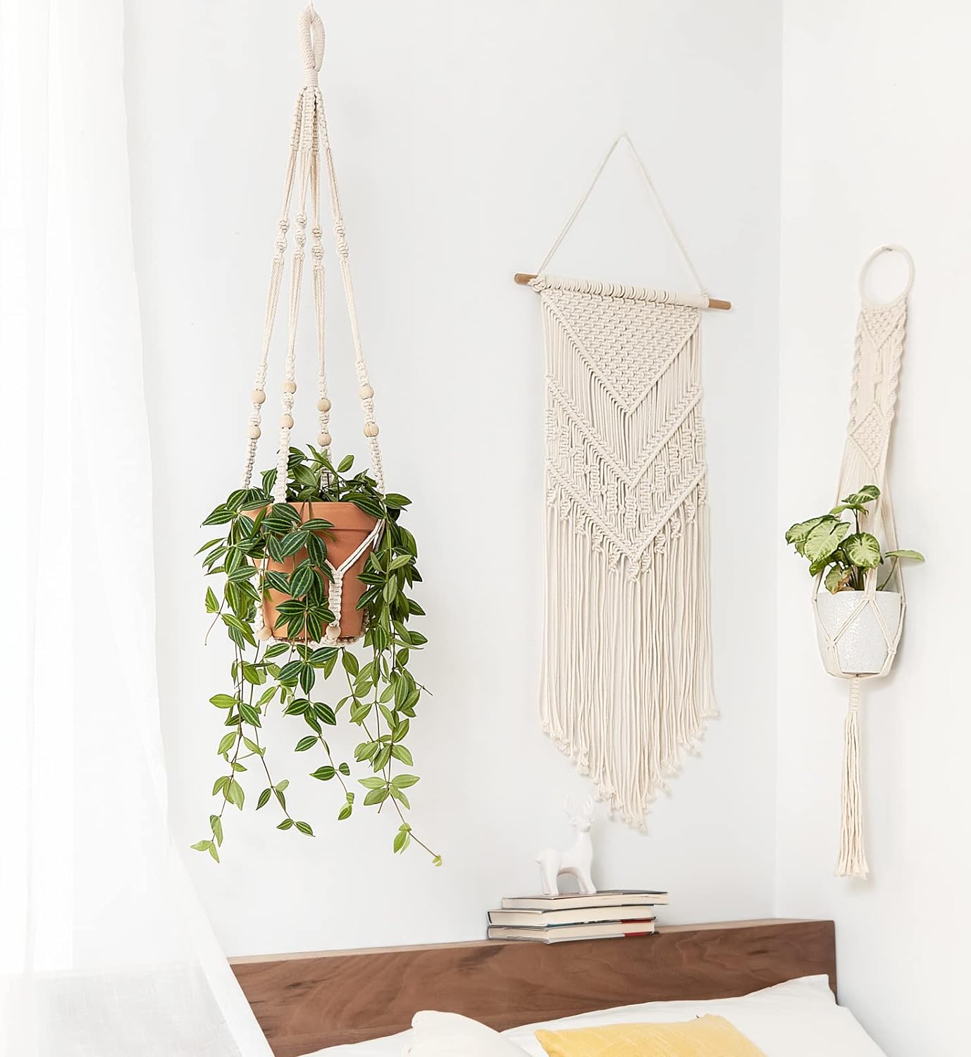 Macrame Plant Hanger Indoor Hanging Planter Basket with Wood Beads Decorative Flower Pot Holder No Tassels for Indoor Outdoor Boho Home Decor 35 Inch, Ivory, Set of 1 (POTS NOT Included)