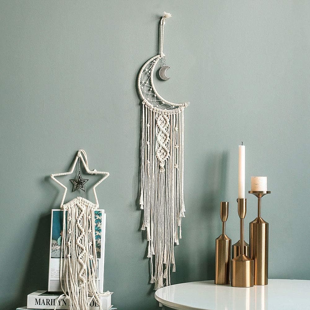 Boho Macrame Woven Wall Hanging Dream Catcher, Crochet Crescent Moon Star Dream Catcher Set with Long Tassel-Cotton Cord Handmade Bohemian Home Ornament Decoration Art Craft Gift for Kids Bedroom
