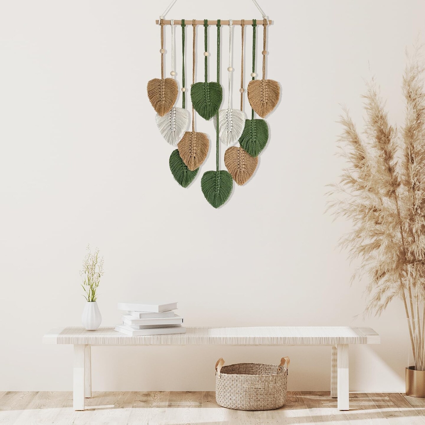 Macrame Wall Hanging Nursery Decor Leaves Woven Tapestry Feather Handmade Yarn Tassels Boho Wall Decor Leaves Art Decorations for Nursery Bedroom Living Room Apartment Home Backdrop (Green)
