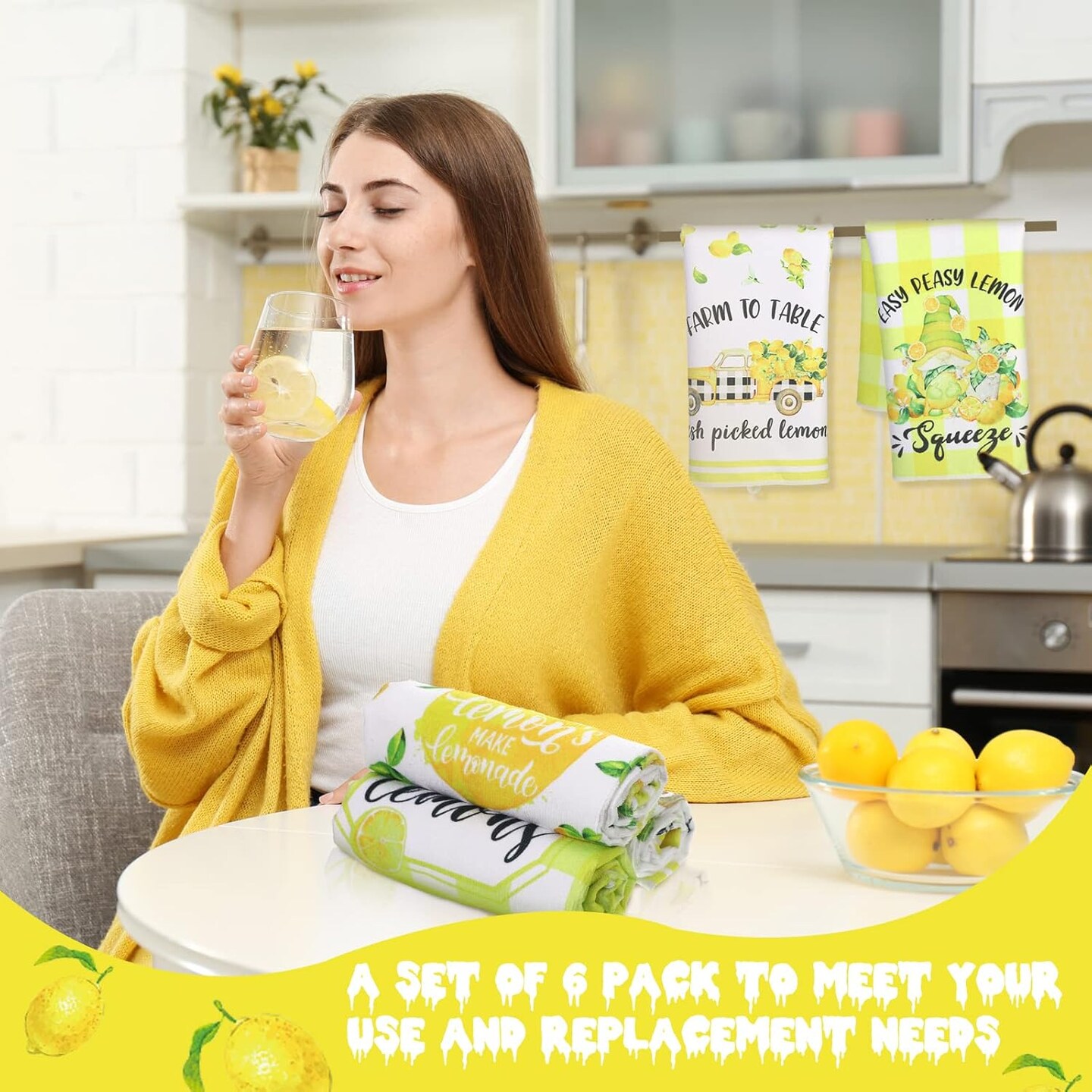 Set of 6 Lemon Kitchen Towels Summer Dish Beach Cloth Tea Towel Hello Lemons Nautical Kitchen Hand Tea Towels