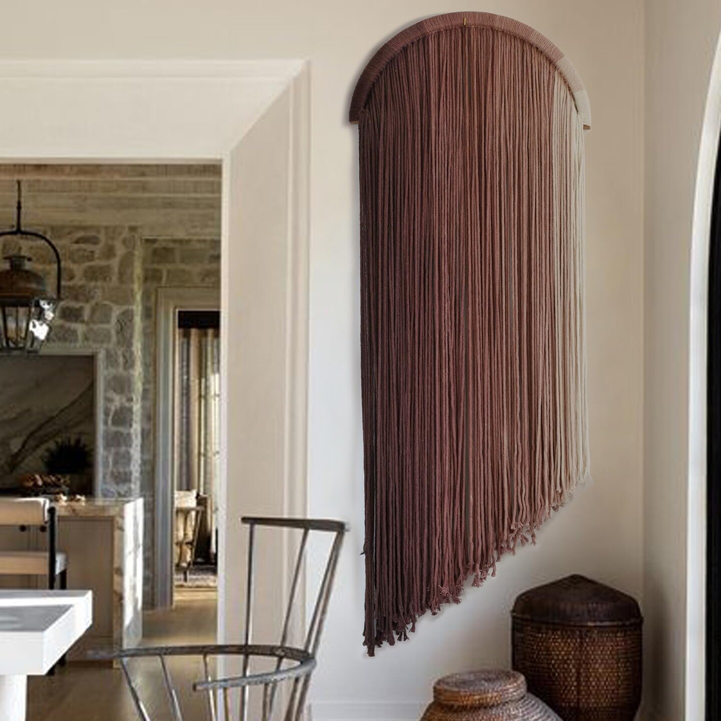 Macramé Boho Wall Décor – Pink Yarn Wall Hanging with 20" Hoop, Bohemian Style Home Decoration