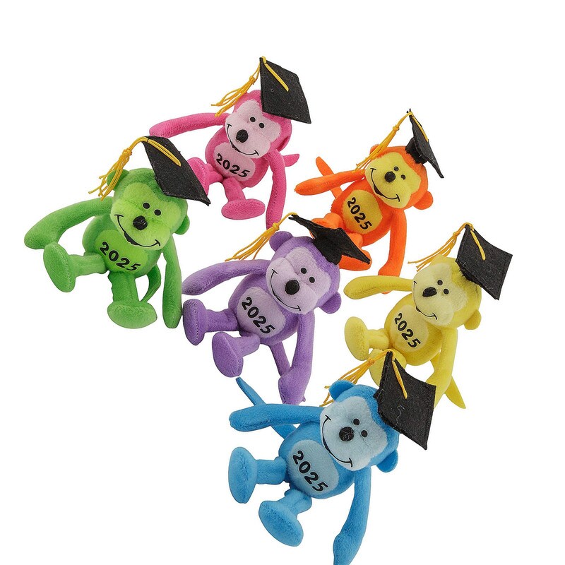 6" Graduation Class of 2025 Neon Multicolor Stuffed Monkeys 12 Pieces