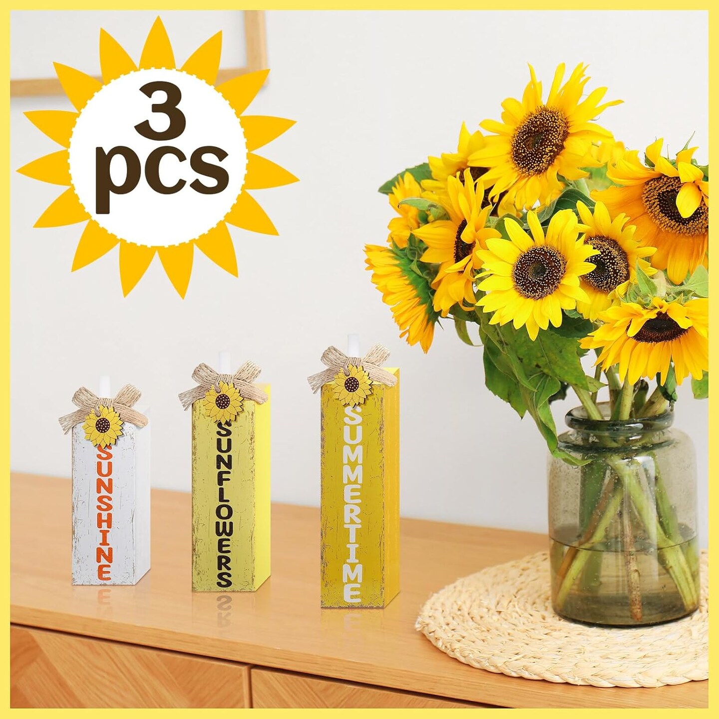 3 Pcs Sunflower Table Decor Summer Wooden Block Sign Summer Tiered Tray Decor Rustic Farmhouse Sunflower Wood Tabletop Centerpieces for Home Kitchen Shelf Office Decorations