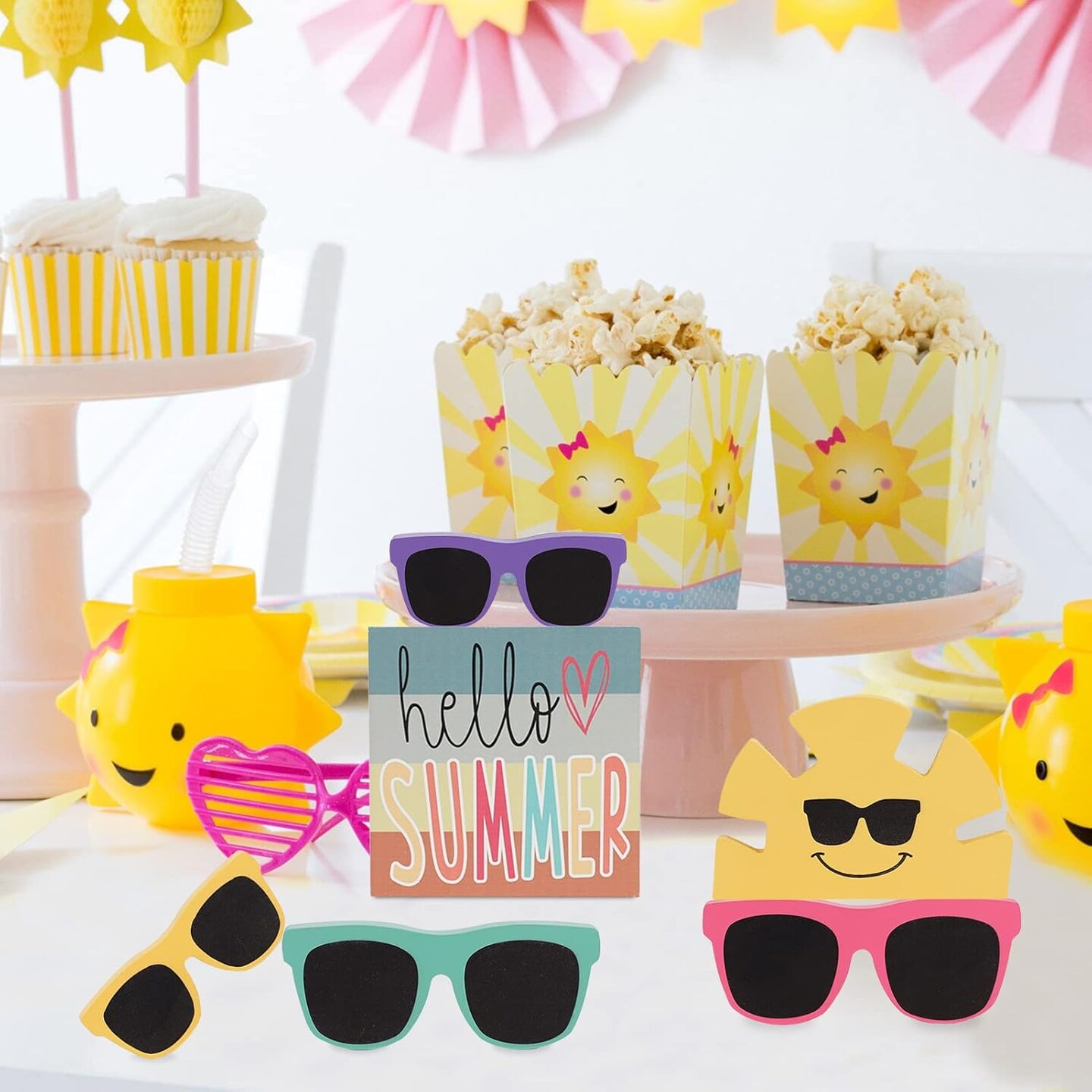 Summer Decor - 6 PCS Rustic Summer Tabletop Decor - Hello Summer Sunglasses Sunshine Wood Decorations - Luau Party Decorations