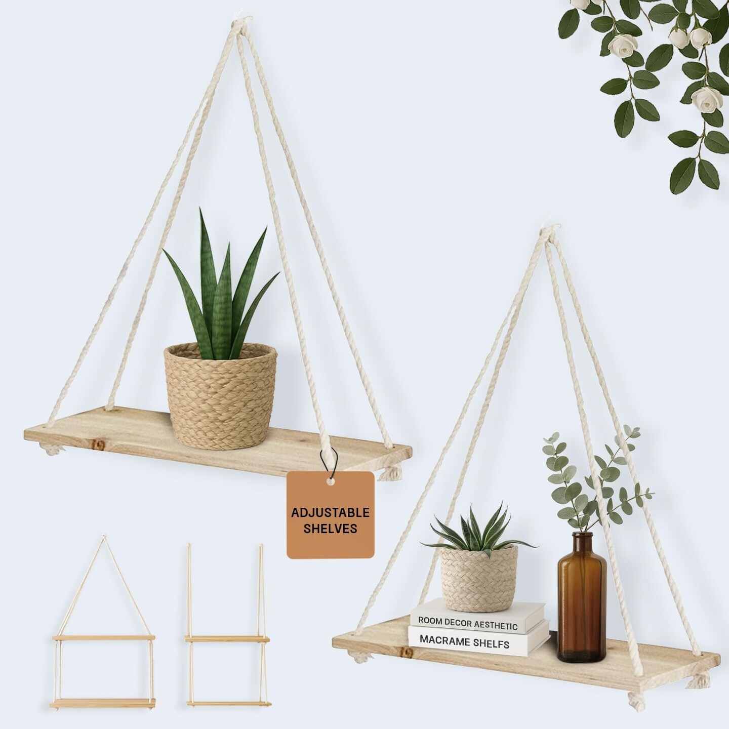 Macrame Wall Hanging Shelves, Floating Shelves Boho Rope, Lightweight Rustic Wood, Triangle Floating Shelves Easy Hanging Shelves no Drill Set of 2