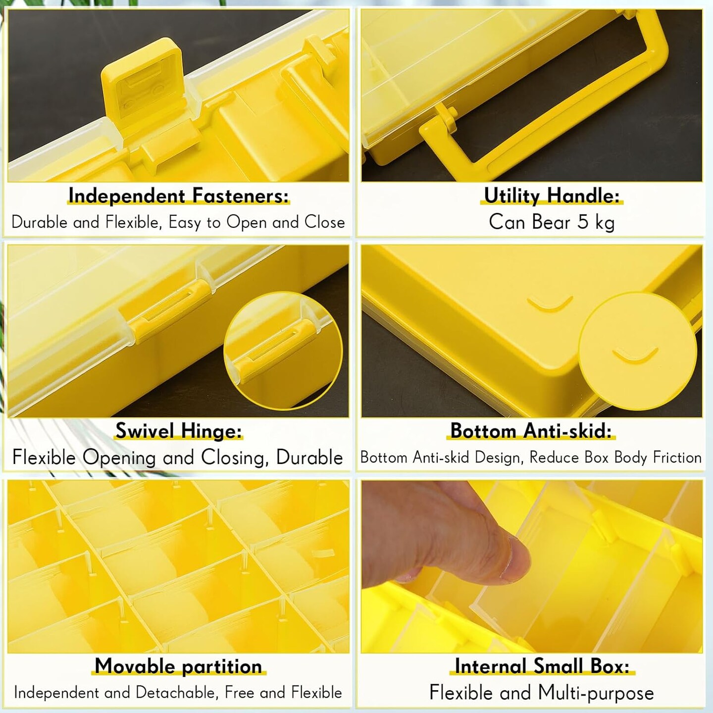 2 Pcs 48 Large Grids Clear Plastic Organizer Box with Removable Dividers Adjustable Compartment Container Storage Box Case for Small Parts Art Crafts Jewelry Bead Tackle Storage(Yellow)