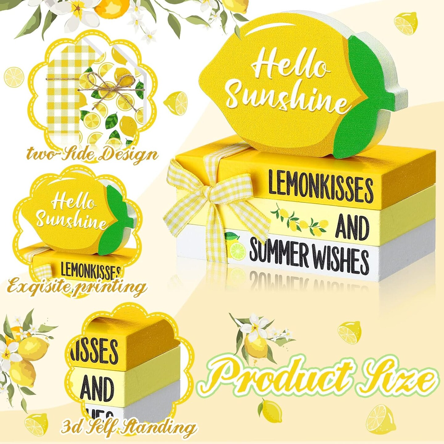 5 Pcs Summer Tiered Tray Set - Lemon Sunflower Beach Watermelon Mini Faux Books Stack with Twine Summer Wood Table Decor Starfish Truck Gnome Sign