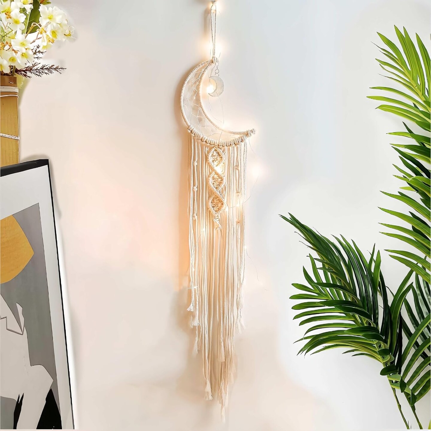 Dream Catcher with LED String Lights Handmade Boho Macrame Wall Hanging Photo Display Woven Decoration Ornament with Photo Clips for Room Wedding Home Decor (Moon)