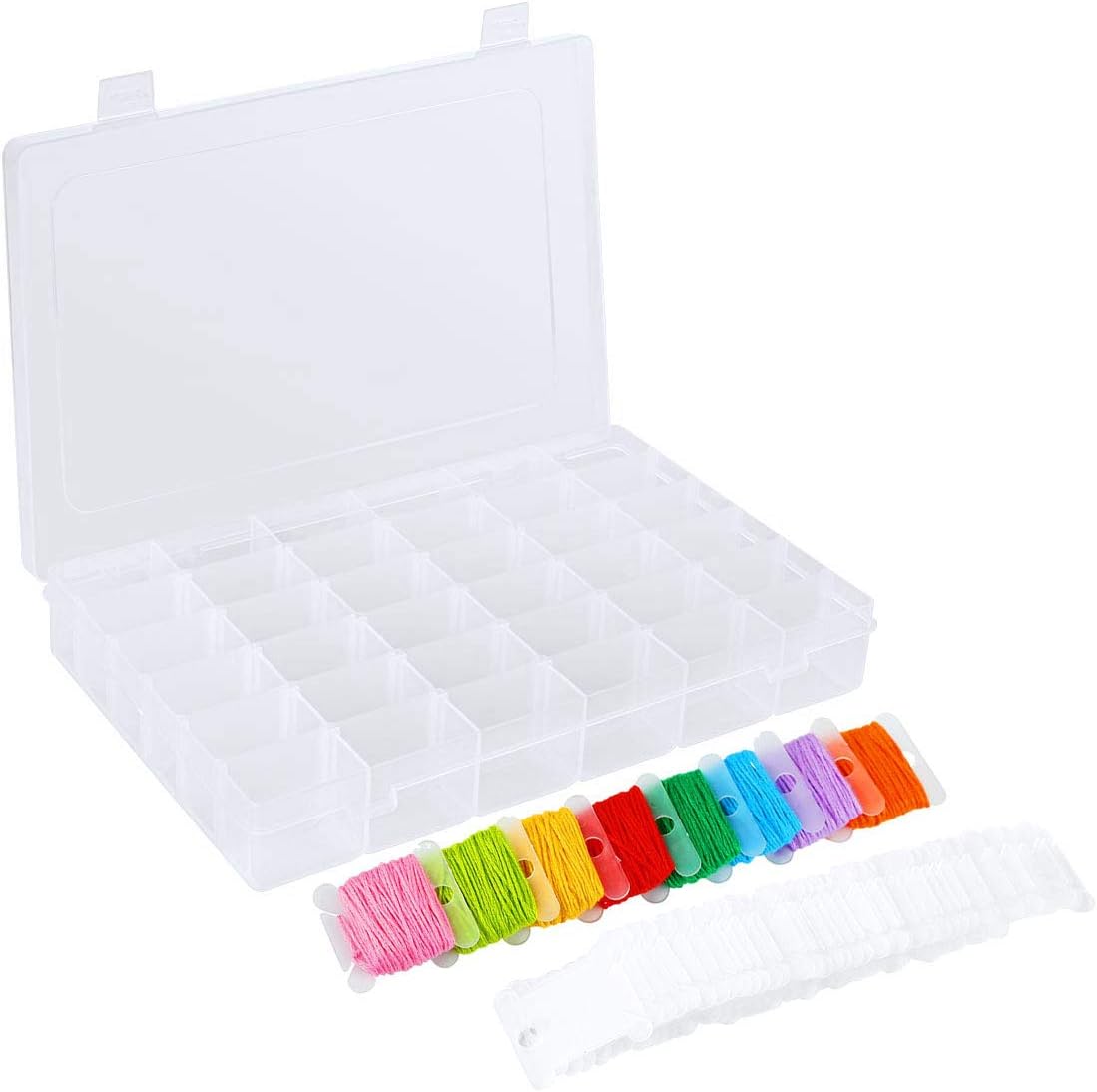 100 Pieces Embroidery Thread Cards Cross Stitch Floss Bobbins and 36 Grids Plastic Storage Box Transparent Container for Thread Organizer Holder Earrings, Jewelry Making Tool, Beads