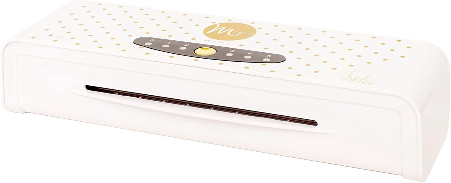 American Crafts, Heidi Swapp, Mini Minc Wheel Foiling Machine Laminator Applicator &#x26; Starter Kit 370671, Small 6 inch, White, Includes Transfer Folder, Gold Foil Sheet and 3 Tags