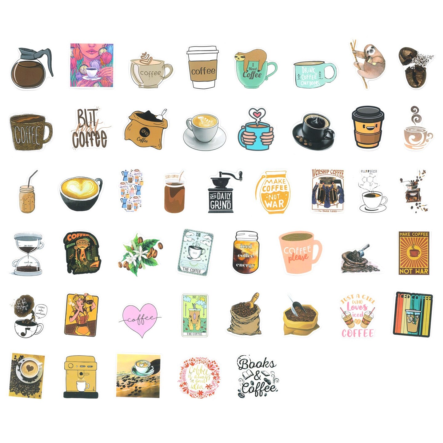 Wrapables Waterproof Vinyl Stickers for Water Bottles, Laptop, Phones, Skateboards, Decals for Teens, 100pcs, Coffee Time