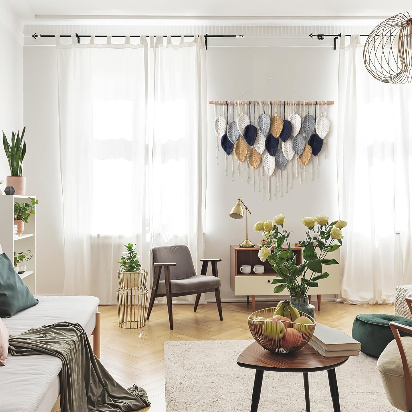 Large Macrame Wall Hanging, Boho Handmade Leaf Feather Bohemian Woven Tapestry, Chic Wall Art Home Decor for Bedroom Living Room Nursery Apartment Decorations(39&#x22; W x 29.5&#x22; L)