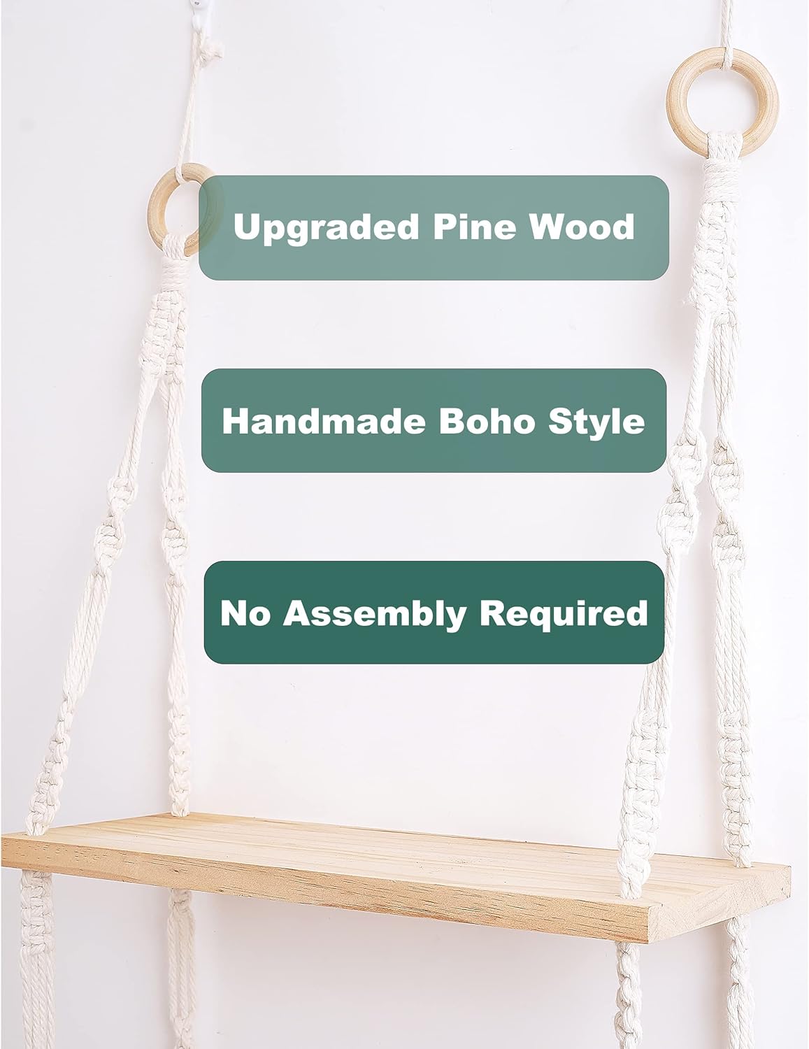 Boho 3-Tier Wooden Plant Shelves - Macrame Wall Hanging Storage for Apartment, Bathroom, Living Room, Bedroom