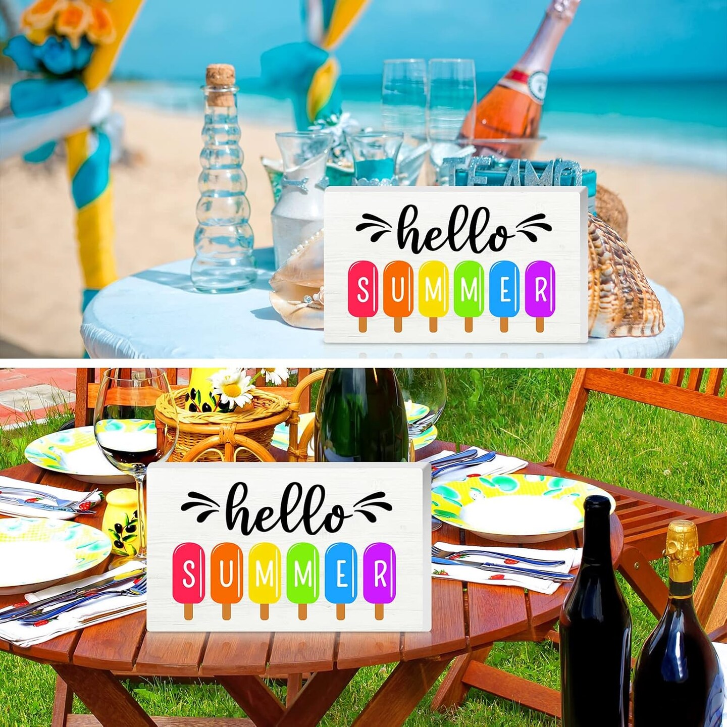 Hello Summer Wood Sign for Home Farmhouse Decor 9 x 5.5 Inch Summer Tabletop Centerpiece Freestanding Decor Wooden Cutout Decoration for Home Kitchen Counter Dining Room