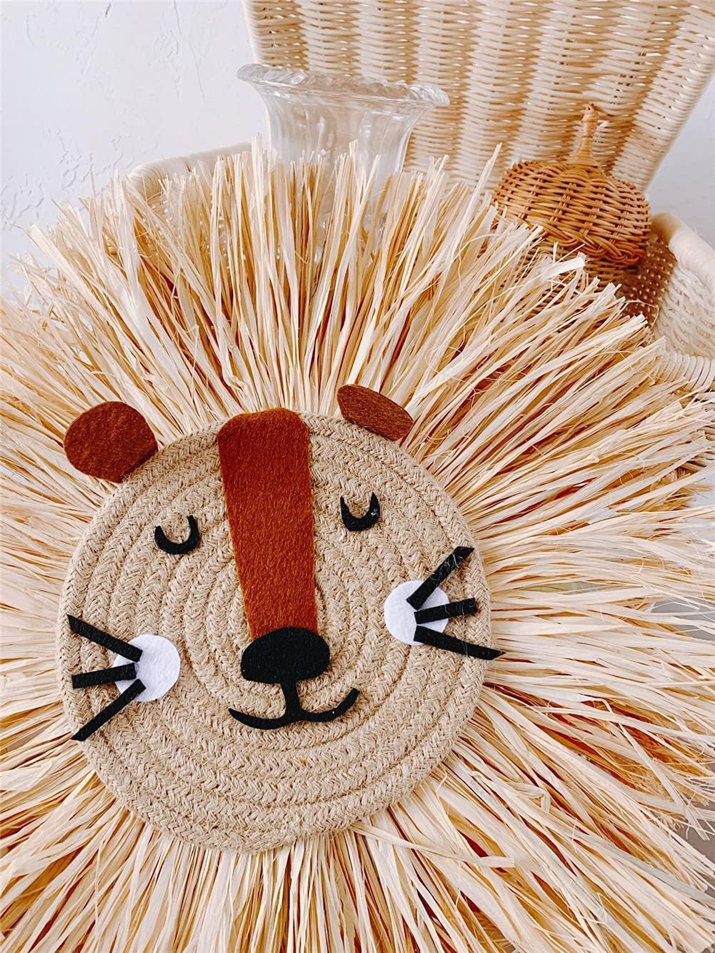 Hand-Knitted Animal Head Wall Art – Cotton Thread Macramé Lion & Tiger Pendant with Straw Tassels, Nursery or Home Wall Décor, 16" x 16"