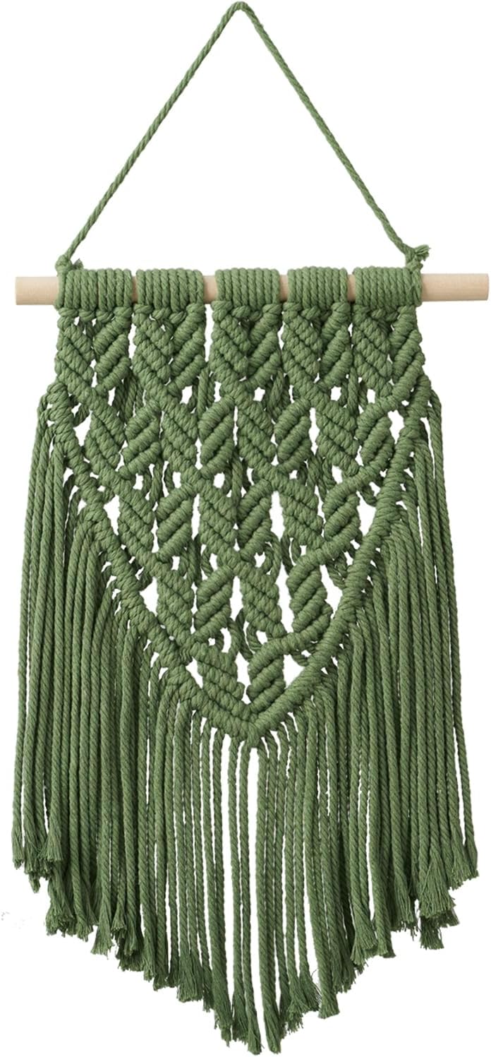 Small Macramé Wall Hanging – Boho Green Tapestry, Cute Aesthetic Wall Art for Bedroom, Living Room, Dorm, Nursery, or Office, 16" x 10", Perfect for Teen Girls and Small Spaces
