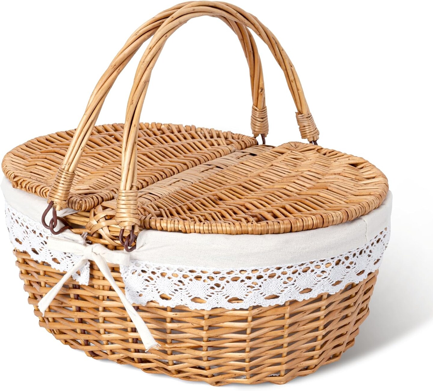 Picnic Basket, Wicker Basket with Lid, Woven Cute Basket with Handle, Storage Basket with Washable Lining &#x26; Dual-Flid Lid, Natural Willow Picnic Hamper, White Lining