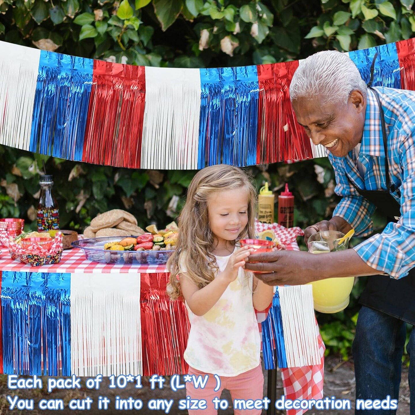 5 Pack 10 Feet Parade Floats Foil Fringe Garland Metallic Tinsel Streamers Banner for Wedding Birthday Party 4th of July Memorial Patriotic Day Decoration (Royal Blue Red White)