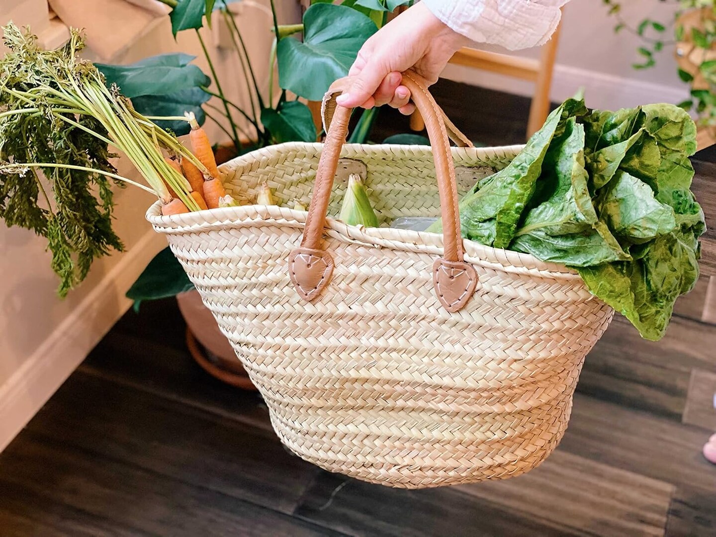 French Market Basket Bag, Small (14x7) Handmade Moroccan Seagrass Basket Straw Bags For Summer, Market, Beach, Laundry, &#x26; Picnic Wicker Basket