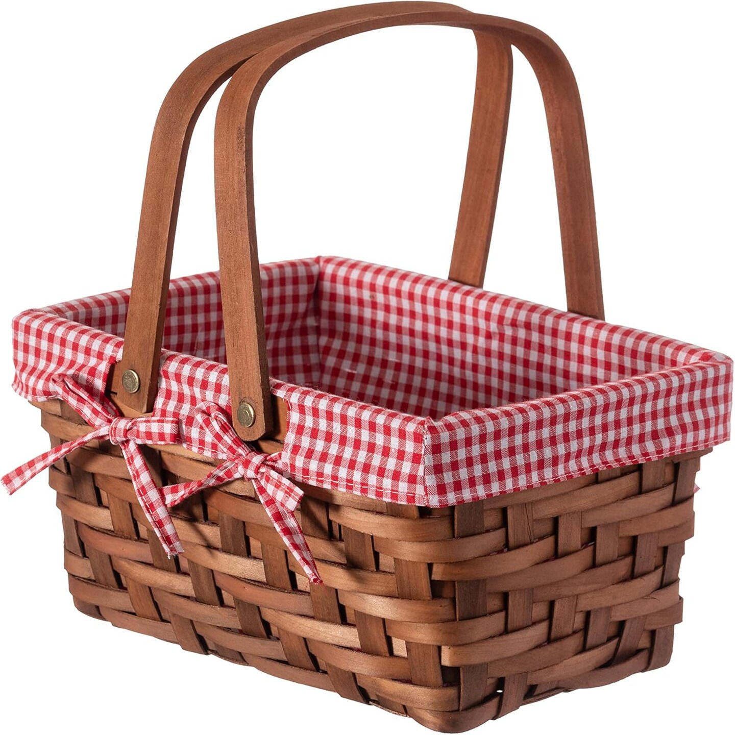Small Rectangular Woodchip Picnic Baskets with Double Folding Handles, Natural Hand-Woven Basket Lined with Gingham Red and White Lining Great for Gifts