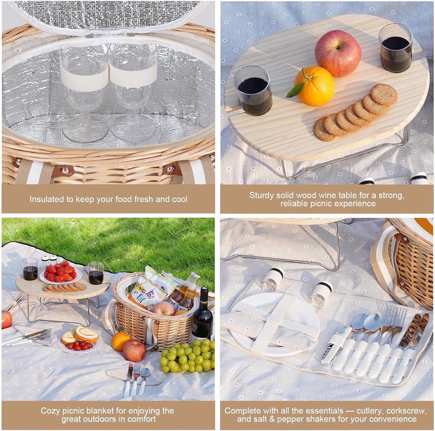 Picnic Basket Set for 2 - Wicker Insulated Picnic Basket with Waterproof Blanket, Folding Wine Picnic Table &#x26; Cutlery Kits, Picnic Baskets Kit for Camping, Outdoor, Valentine (White Flower)