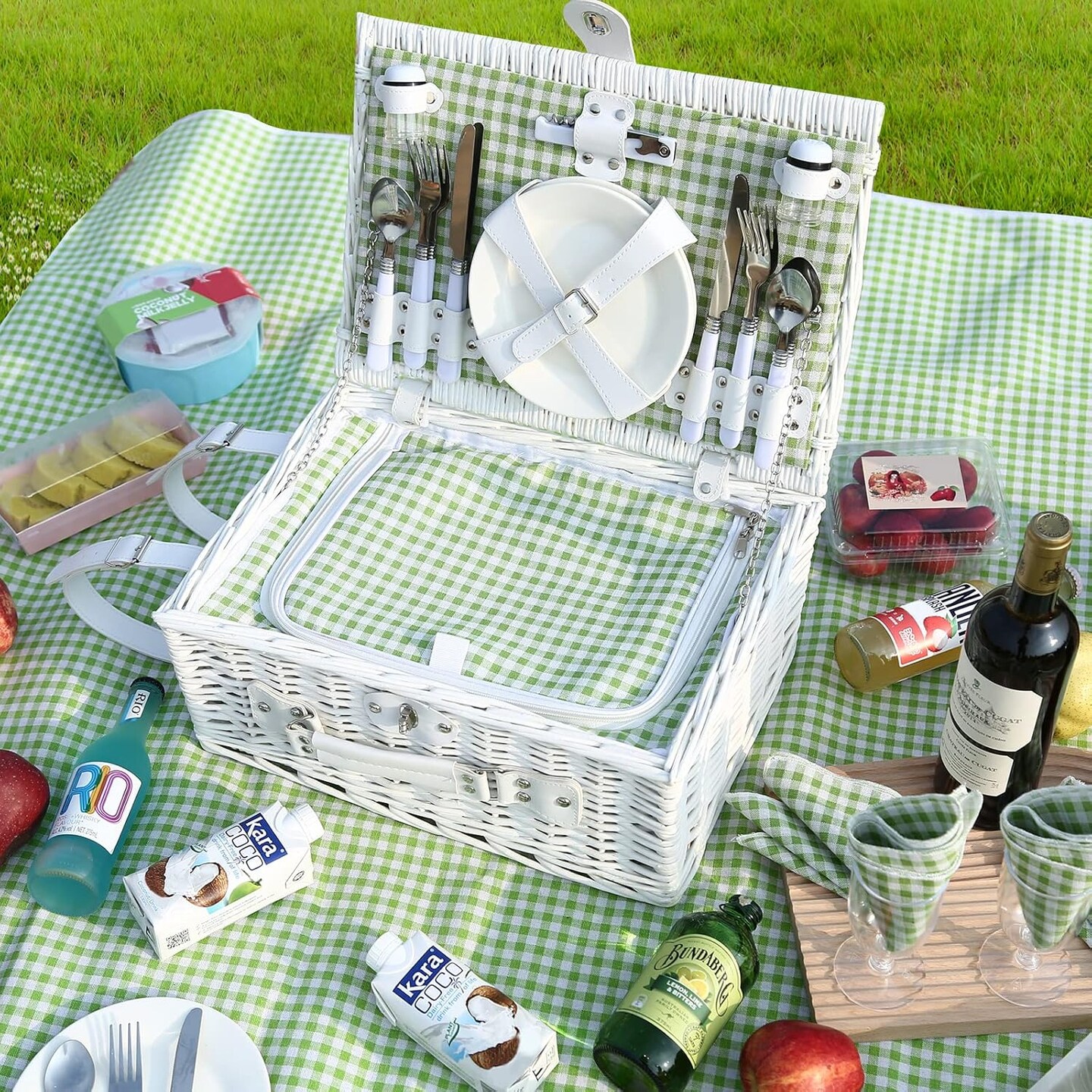 Wicker Picnic Basket for 4 with Waterproof Picnic Blanket and Insulated Cooler, Willow Hamper for Camping