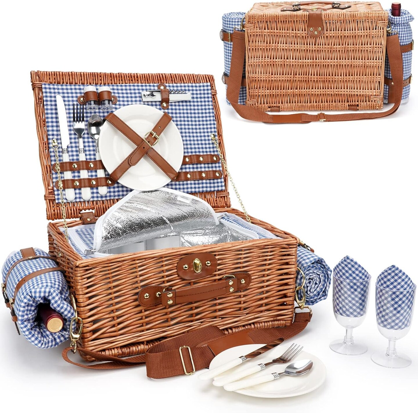 Picnic Baskets for 2, Picnic Basket with Waterproof Blanket, Picnic Basket Set with Washable Beach Mat &#x26; Large Insulated Cooler Compartment, Handmade Natural Wicker Hamper for Camping, Outdoor Party