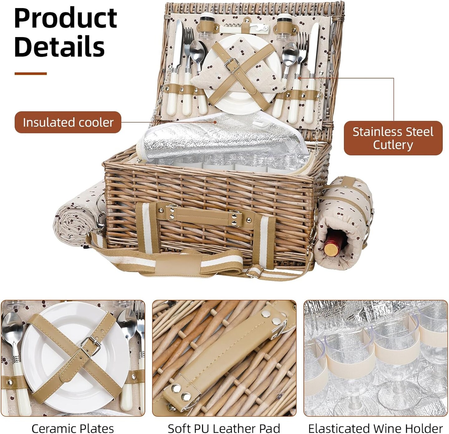31Pcs Picnic Basket for 4 -Wicker Picnic Set with Waterproof Blanket & Wine Bag| Large Picnic Hamper with Insulated Cooler & Cutlery Kit for Couples Camping,Brown Flower,16x12x7.5inch