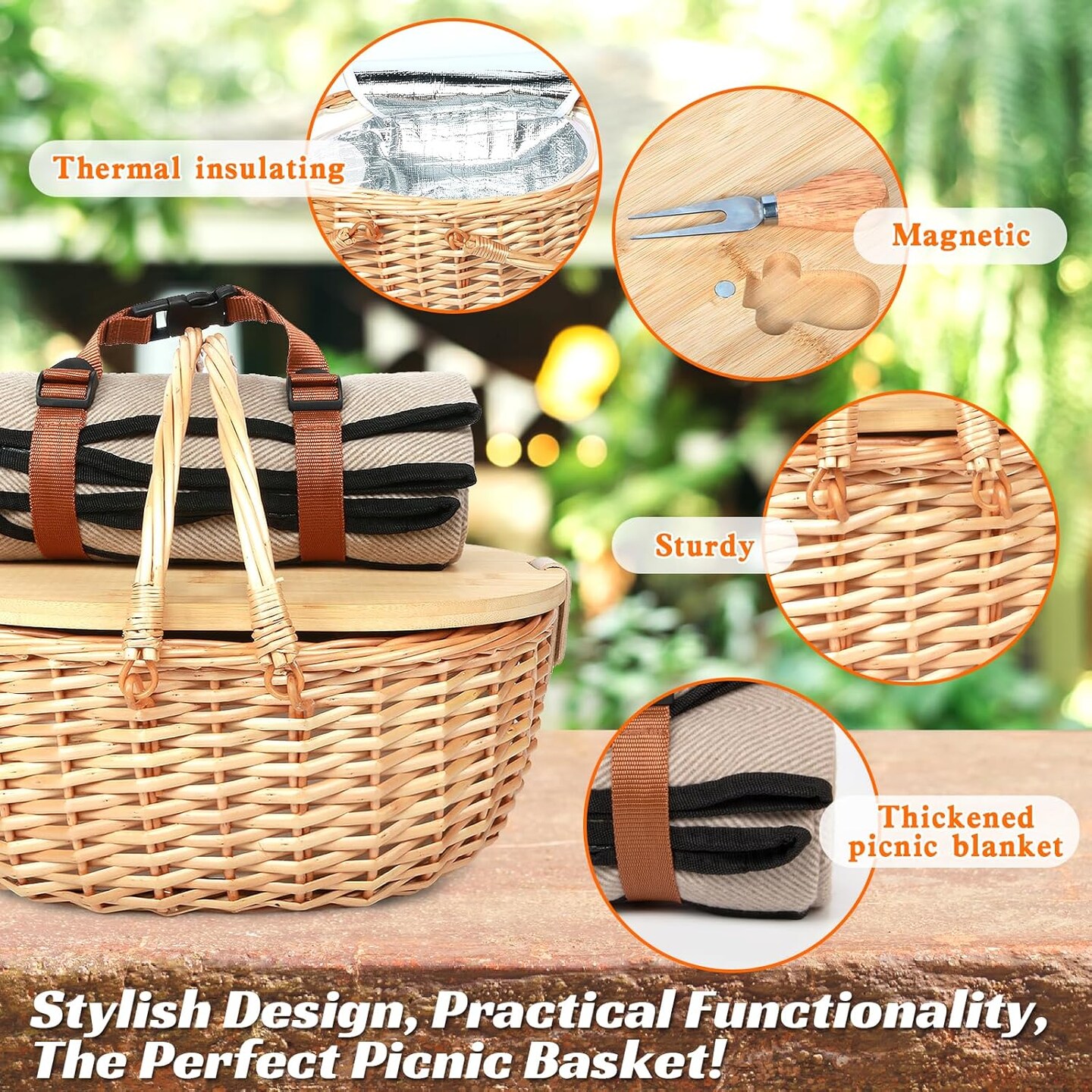 Dual Wicker Picnic Basket Set with Blanket for 2 - Unique Gifts Ideas for Couple, Engagement, Wedding, Bridal Shower, Family