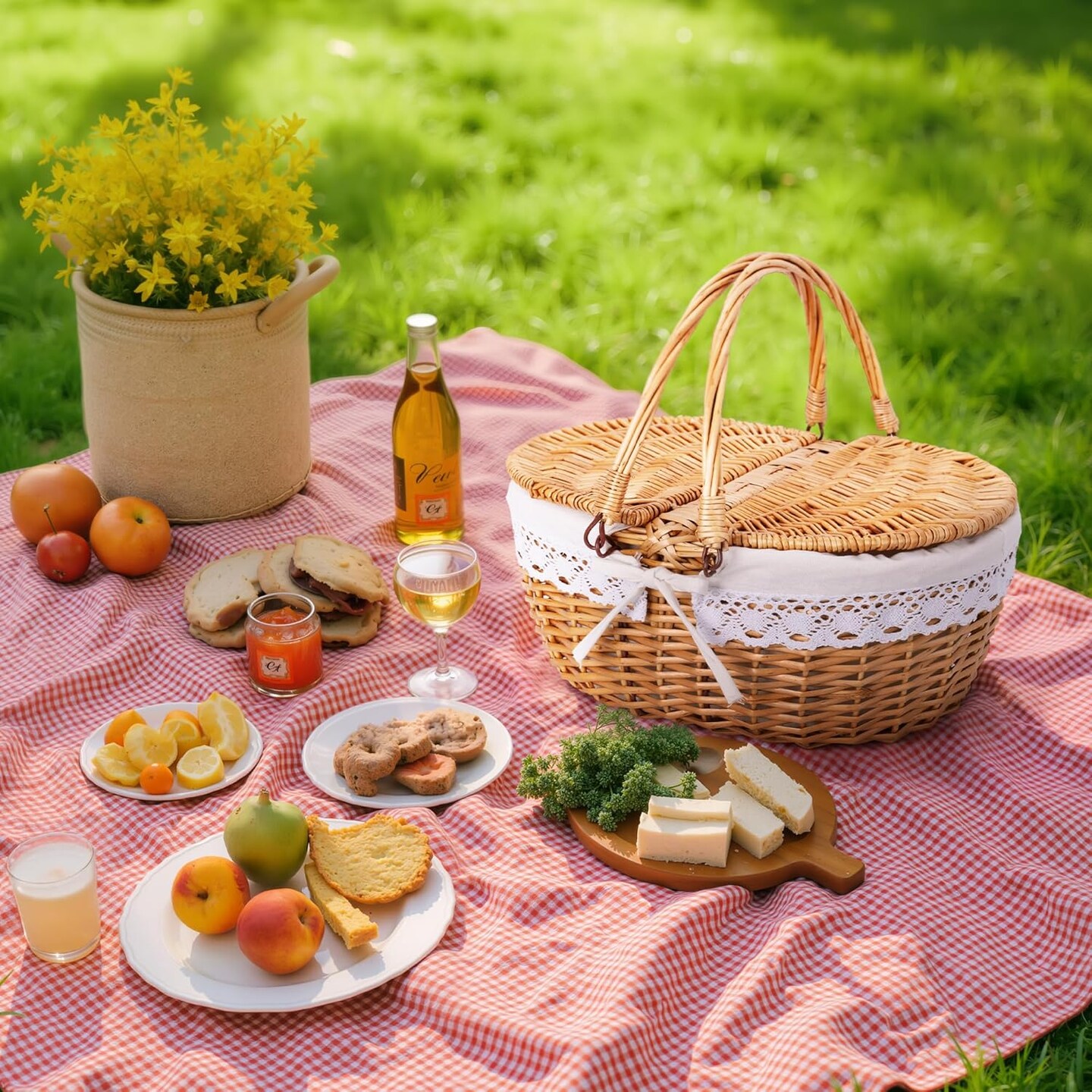 Picnic Basket, Wicker Basket with Lid, Woven Cute Basket with Handle, Storage Basket with Washable Lining &#x26; Dual-Flid Lid, Natural Willow Picnic Hamper, White Lining