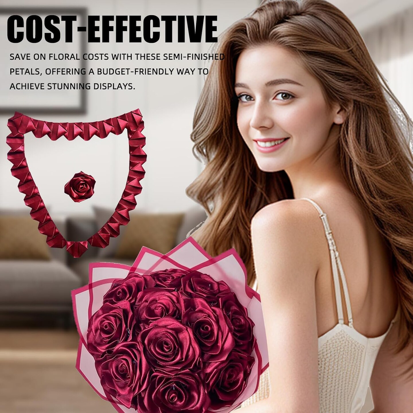 300Pieces Premade Satin Ribbon Rose Petals Half-Finished for Eternal Rose DIY Ramos Forever Flowers Bouquets Everlasting Floral,for Wedding,Anniversary,Birthday