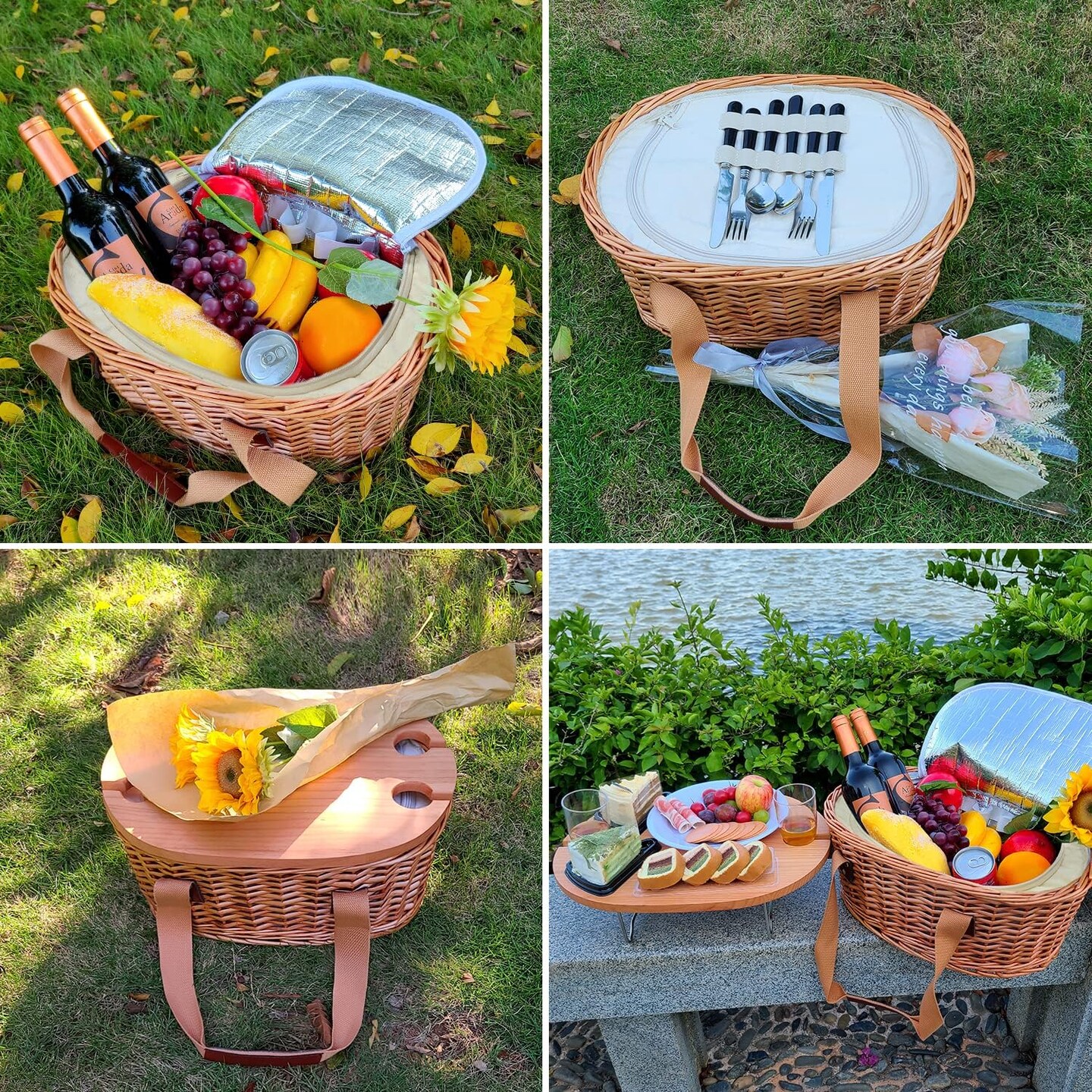 Wicker Picnic Basket Set for 4 with Mini Folding Wine Picnic Table &#x26; Large Insulated Cooler Bag &#x26; Cutlery Service Kits for 4 Person, Couples Gifts, Wedding Gifts (Y2209-4-CM)