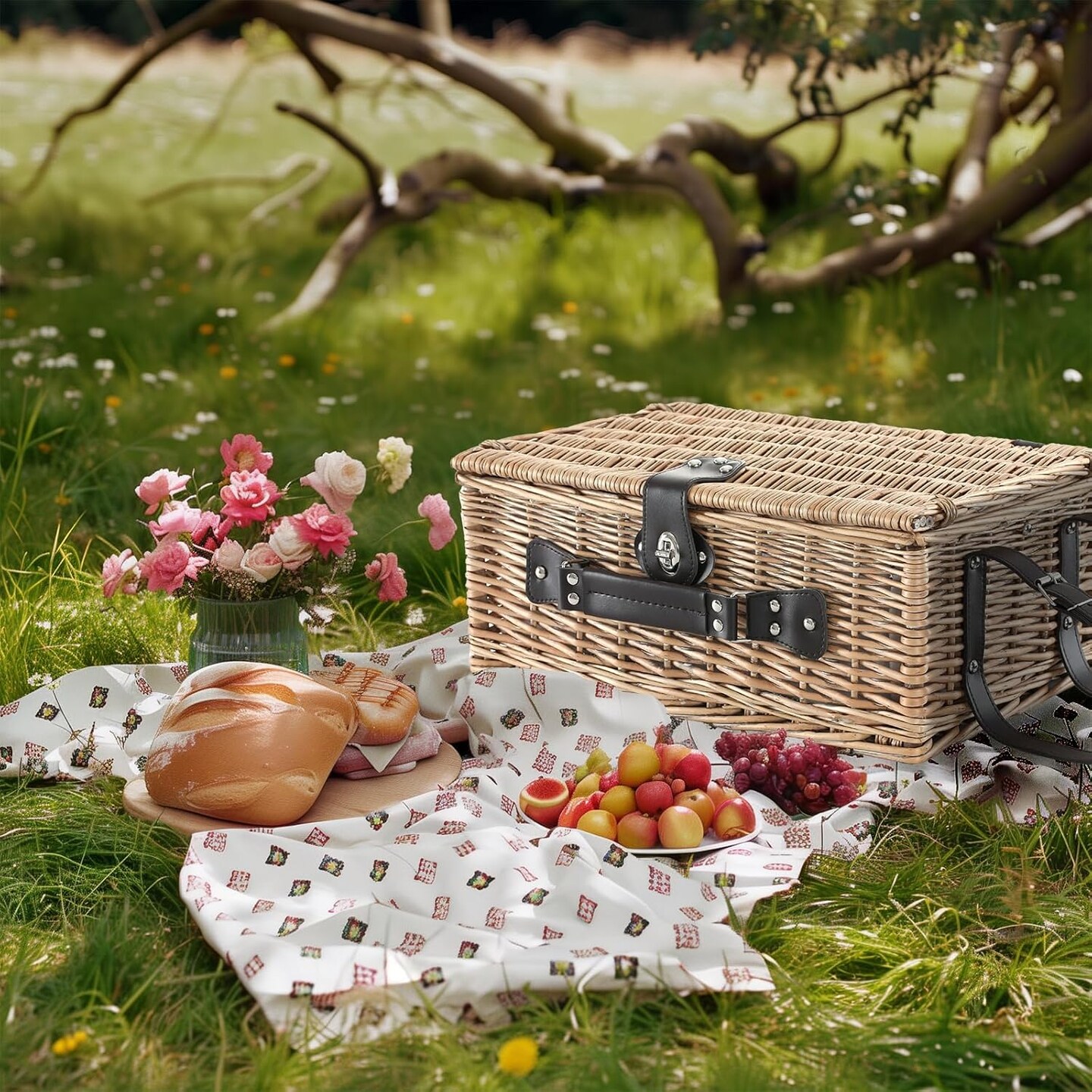 Picnic Basket for 4 Persons Willow Weaving Picnic Set with Cooler Insulation Bag and Waterproof Picnic mat Picnic Baskets for Camping,Wedding,Summer Beach, Outdoor,Birthday Gifts