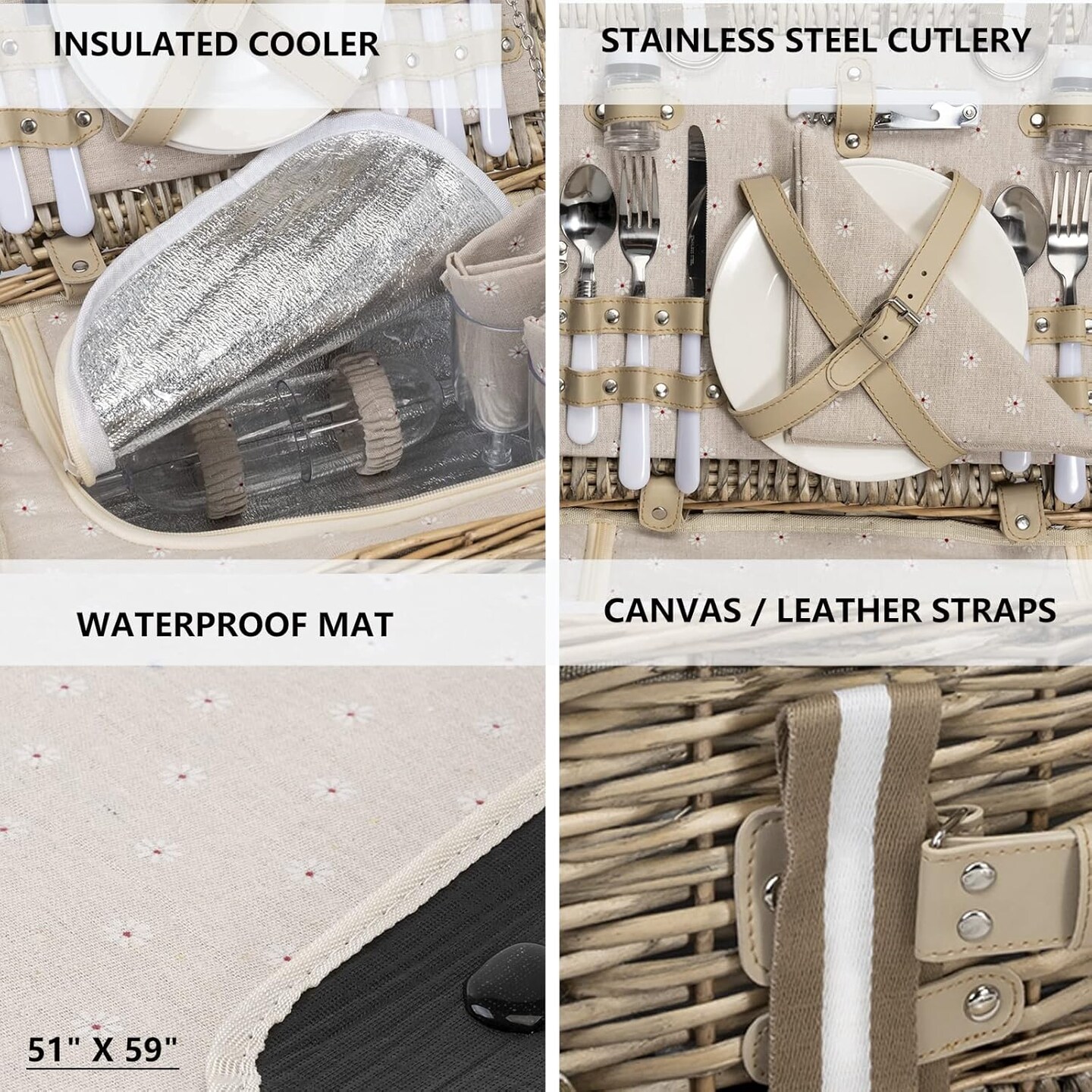 31Pcs Picnic Basket Set for 4 with Insulated Liner and Waterproof Blanket Wine Pouch, Large Wicker Picnic Hamper